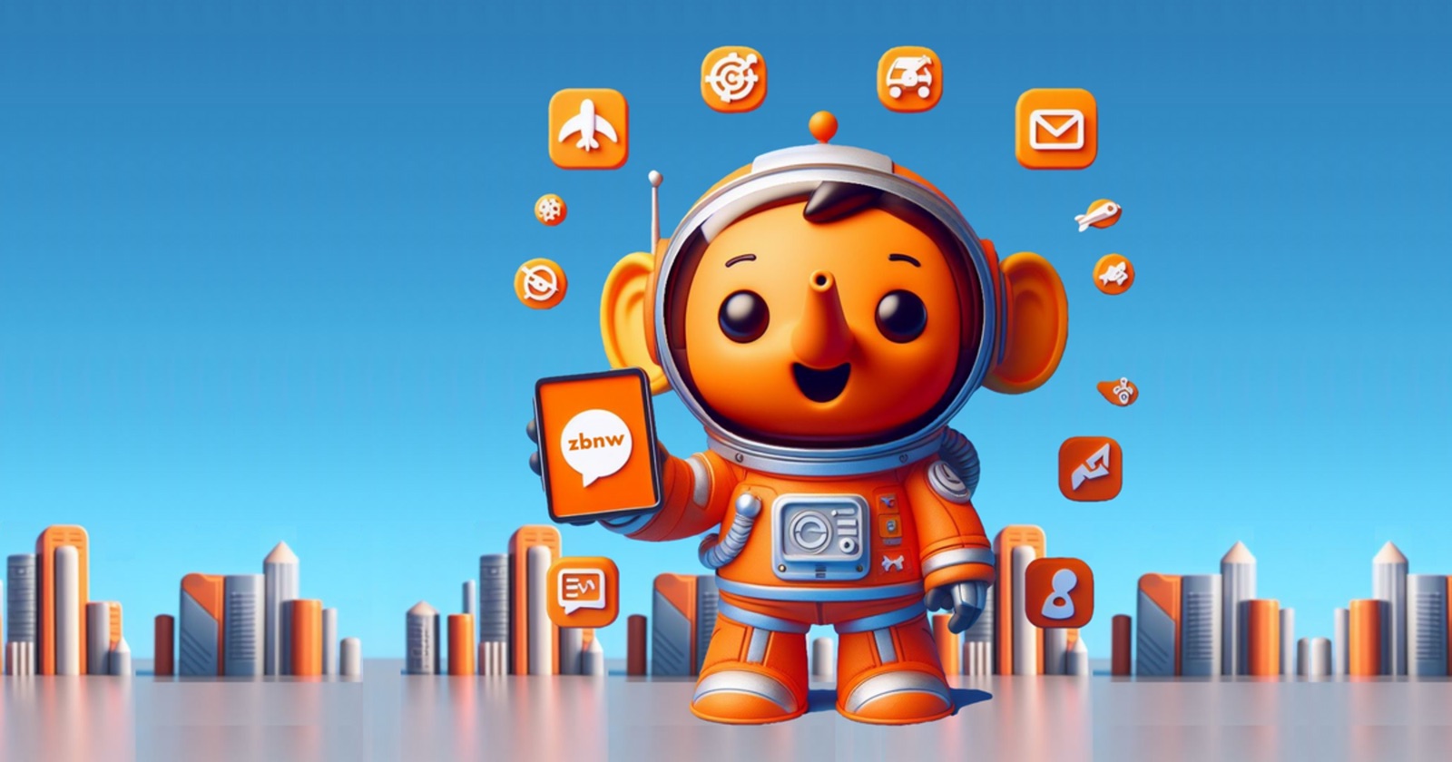 Zprávobot — maskot v oranžovém skafandru drží telefon zbnw